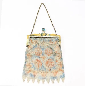 Vintage Whiting Davis Mesh Bag Multicolor Floral Painted Art Deco Triangle Chain - Picture 1 of 16