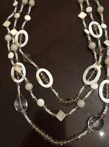Women’s Necklace 28” White Champagne Beaded Shell Double Strand Silver Tone 28” - Picture 1 of 8