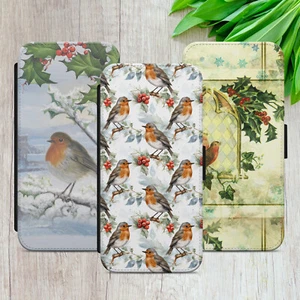 ROBIN FLIP CASE FOR IPHONE SAMSUNG GOOGLE WINTER BIRD GIFT WALLET PHONE COVER - Picture 1 of 36