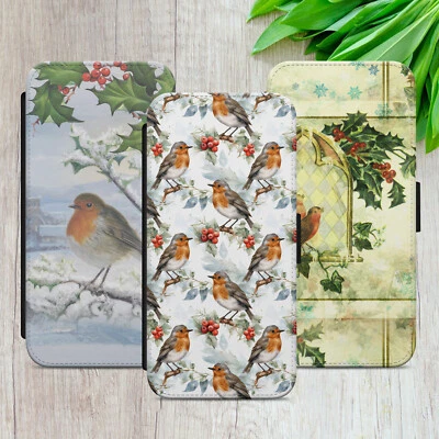 ROBIN FLIP CASE FOR IPHONE SAMSUNG GOOGLE WINTER BIRD GIFT WALLET PHONE COVER - Image 1 of 4