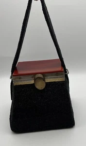 Vintage Beaded Cubist Box Purse Handbag Lucite Lid, Black Glass Carnival Beads - Picture 1 of 17