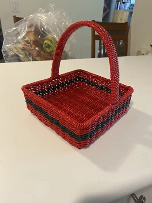 Wire Basket Square Red Green 8” X 8” With Handle 9” Tall Napkin Holder - Image 1 of 4