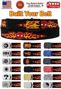 FLAME SKULL ADJUSTABLE CANVAS MILITARY WEB BELT METAL BUCKLE 36" 44" 56" 64" 72" - Picture 1 of 23