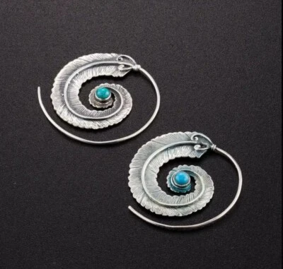 Western native feather turquoise hoop earrings women’s  - Image 1 of 2