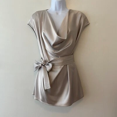 St John Couture Platinum Liquid Satin Cowl Neck Cap Sleeve Blouse Size P Belted - Image 1 of 4