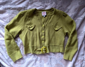 Emmy Design Sweden Jolly Fine 1940s Chartreuse Wool Belted Cardigan - Picture 1 of 7