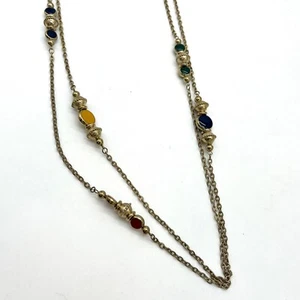 Vintage Gold Tone Beaded Necklace Long Chain Colorful Beads Fashion - Picture 1 of 3