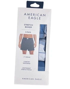 Neu American Eagle Herren XS 3er Pack 4" Stretch Popeline Boxershorts blau kariert Check Box - Bild 1 von 4