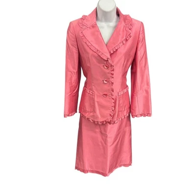 Dana Buchman Pink Silk Skirt Suit Set Ruffle Trim Jacket Size 2 Formal Church - Image 1 of 4