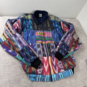 Guatemalan Patchwork Jacket Mens Large Ethnic Boho Serape Ikat Zip Mayan Indians - Picture 1 of 9