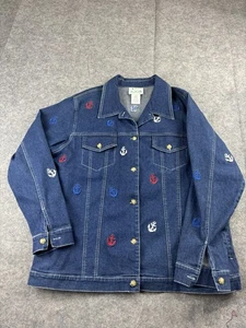 The Quacker Factory Denim Jean Jacket Embroidered Anchors Womens L Nautical VTG - Picture 1 of 8