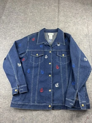 The Quacker Factory Denim Jean Jacket Embroidered Anchors Womens L Nautical VTG - Image 1 of 4