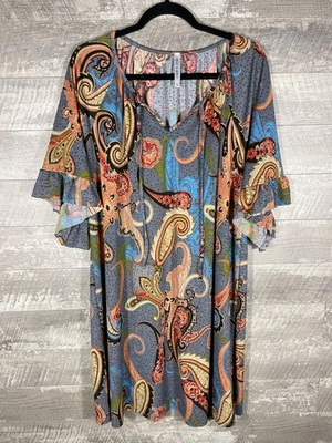 Dear Scarlett Gray Multi Paisley Polka Dot Ruffle Sleeve Dress Sz XL Boho Hippie - Image 1 of 4