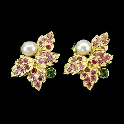 925 Sterling Silver Earrings Round Ruby Chrome Diopside Pearl Gemstone Jewelry - Image 1 of 4