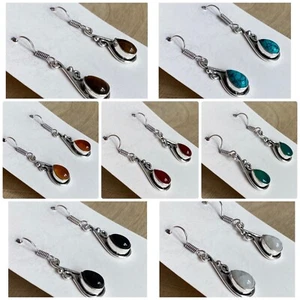 Teardrop Gemstone Earrings Sterling Silver 925 Plated Turquoise Carnelian Onyx - Picture 1 of 30
