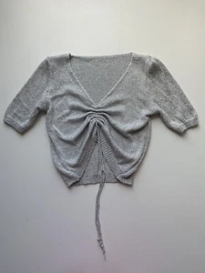 Ladies Made In Italy Silver Sparkly Knit V Neck Adjustable Tie Jumper 10/12UK - Picture 1 of 8