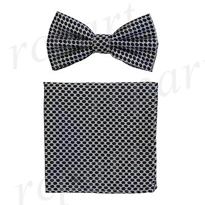 Nuevo Para hombres Microfibra Pre-atado Pajarita y Pañuelo Plata Negro Lunares Formal Boda Foto 1 de 4