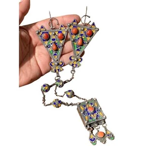 RARE ANTIQUE TRIBAL KABYLE ALGERIA SILVER RED CORAL ENAMEL COMPLETE FIBULAE 113g - Picture 1 of 11