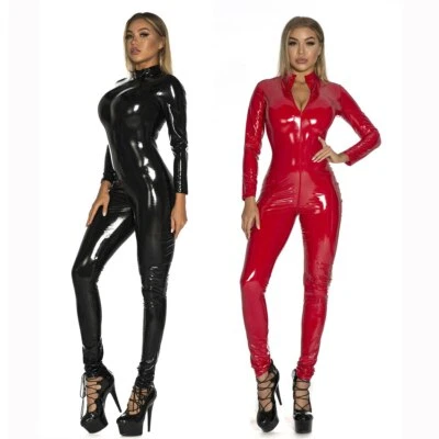 SEXY Damen Catsuit Overall Ganzanzug RV Lack Leder Optik GoGo Glanz Übergrößen - Bild 1 von 4