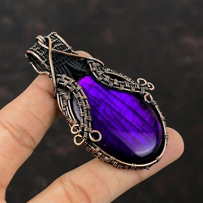 Purple Fire Labradorite Wire Wrapped Pendant Handcrafted Copper Dailywear 3.07" - Image 1 of 4