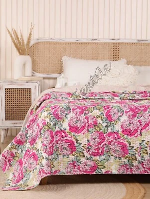 Edredón Kantha color rosa tamaño queen edredón bohemio decoración habitación regalo para novia Foto 1 de 4