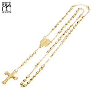 4 mm Rosary Stainless Steel in Gold Guadalupe Jesus Cross 26" Necklace SPY 502 G - Picture 1 of 3