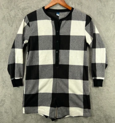 Old Navy Womens Small PJ Romper Black Buffalo Plaid Long Sleeve Henley Fleece - Image 1 of 4