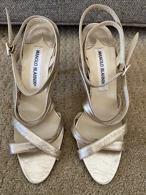 MANOLO BLAHNIK Gold Leather 37.5 US 7.5 Strappy Open Toe Ankle Strap Heels - Image 1 of 4
