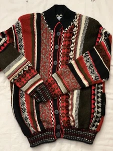Maglione Peruvian Connection 100% Alpaca Bottoni Taglia Large Rosso Nero Panna Marrone - Foto 1 di 7