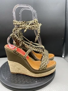 Paloma Women Size 11 Platform Leather WIcker Wedge Sandal Olive Brown - Picture 1 of 15