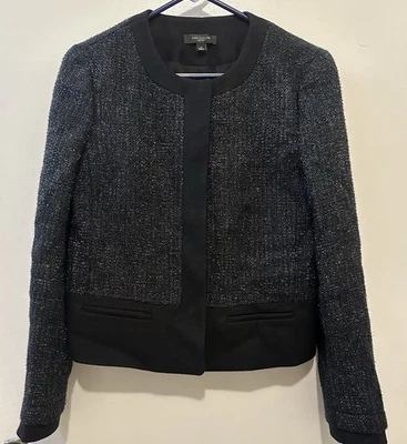 Chaqueta Blazer Ann Taylor Bouclé Tweed Metálica Frente Abierto Mezcla Lana Negra 8 Foto 1 de 4