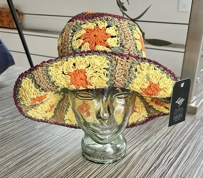 NEW Peter Grimm Pura Vida Fergie Bucket Granny Square Hand Flower Straw Sun Hat - Изображение 1 из 4