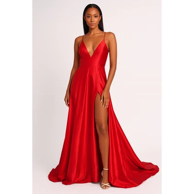 Vestido Sherri Hill Rojo Satinado Línea A Talla 16 - Cuello en V Profundo, abertura en la pierna, espalda con cordones Foto 1 de 4