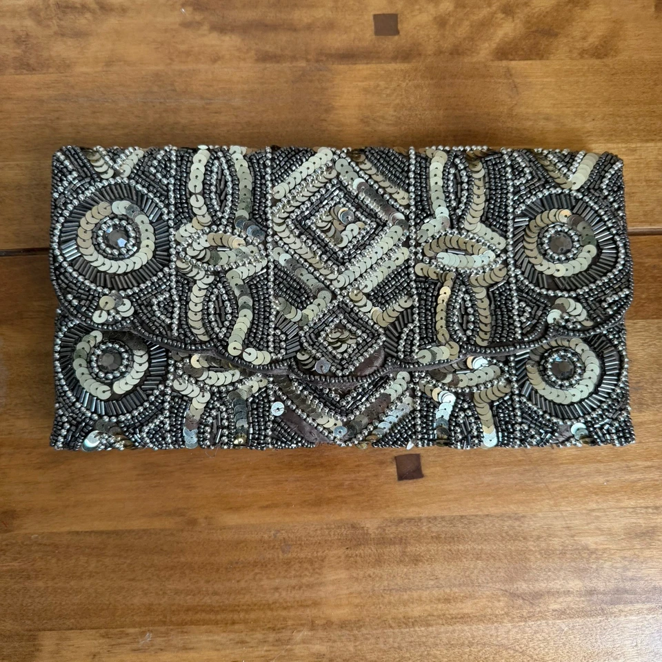 New Look Beaded Clutch Bag Gold Silver Sequin Evening Party Chain Strap Xmas - Image 1 of 4