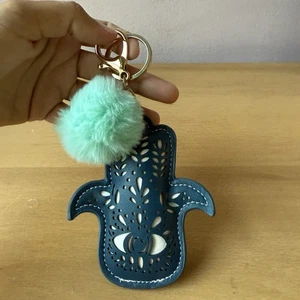 Women’s Hamsa Teal & Green Furry PomPom Keychain Bag Accessory - Picture 1 of 17
