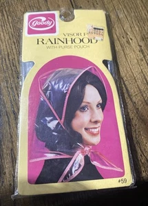 Neu Vintage Goody Visor Front Rainhood w Purse Pouch 1982 black Trim Rain Bonnet Hat - Bild 1 von 3