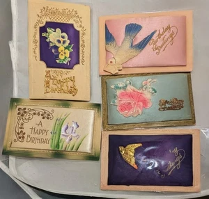 5 Antique Embossed Silk Cutout Applique Postcards Happy Birthday Vtg 1910s - Picture 1 of 9