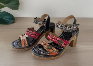 SPRING STEP L'ARTISTE Confident Sandals Leather Shoes 38 (7.5/8) Cork Block Heel - Picture 1 of 8