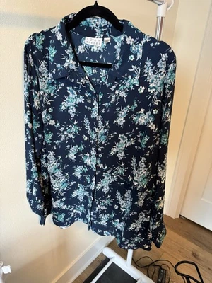Blusa Joan Rivers Superpuesta Azul Floral Talla XL Manga Larga Alta Baja Foto 1 de 4