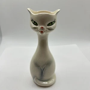 Cute W Goebel W Germany 6 in Cat Statue Candlestick Green Eyes White Gray Ears - Picture 1 of 15