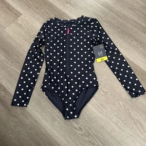 NWT Gap Gapkids Zipper Rash Guard Swim One-Piece in Navy Polka Dots M 50+ SPF - Picture 1 of 5