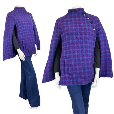 VINTAGE 60s PURPLE BLUE BLACK GEOMETRIC TILED MOD WOOL CAPE 6 8 - Image 1 of 4