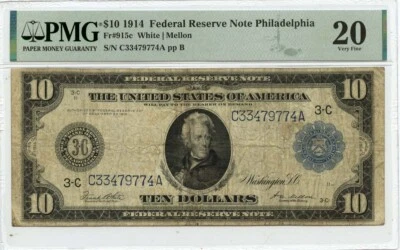 1914 $10 Federal Reserve Note Philadelphia PA Fr# 915c PMG VF20 - Image 1 of 2