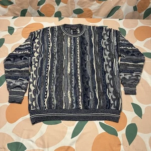 Roundtree & Yorke Chunky 3D Knit Sweater Mens 2XL XXL Blue Gray Striped Crewneck - Picture 1 of 10