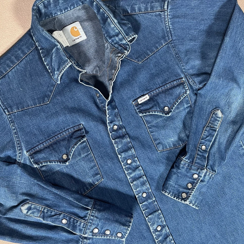 Camisa Carhartt Para Hombres Denim Western Botón a Presión Azul SO2 DNM Hecha en EE. UU. 15,5 x 35 Foto 1 de 4