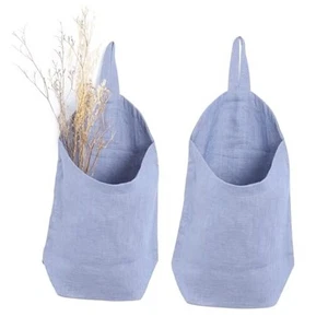 100% Linen Hanging Bags - 2 Pcs, Small Wall Storage Baskets for Kitchen, Blue - Picture 1 of 8