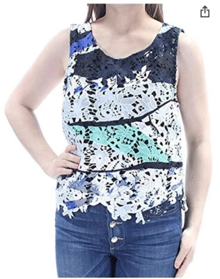 Camiseta sin mangas Bar III para mujer blanca verde multi sin mangas cuello redondo forrada encaje S nueva Foto 1 de 4