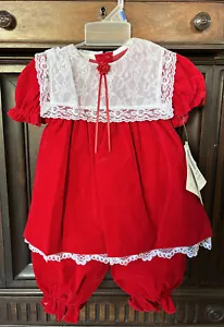Vintage Lace Red Velvet Dress Pantaloons Pants 24 M Christmas Holiday - Picture 1 of 8