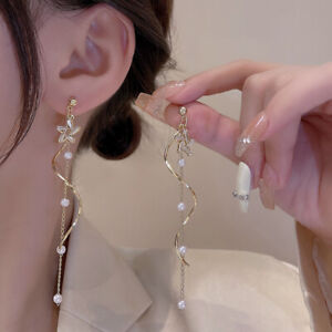 Fashion Star Pearl Zircon Long Tassel Earrings Stud Women Wedding Jewelry Gift