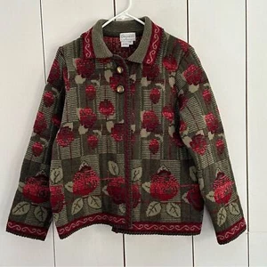 Maglione cardigan Cherry Lewis England L lana motivo floreale nordico collo colletto - Foto 1 di 8